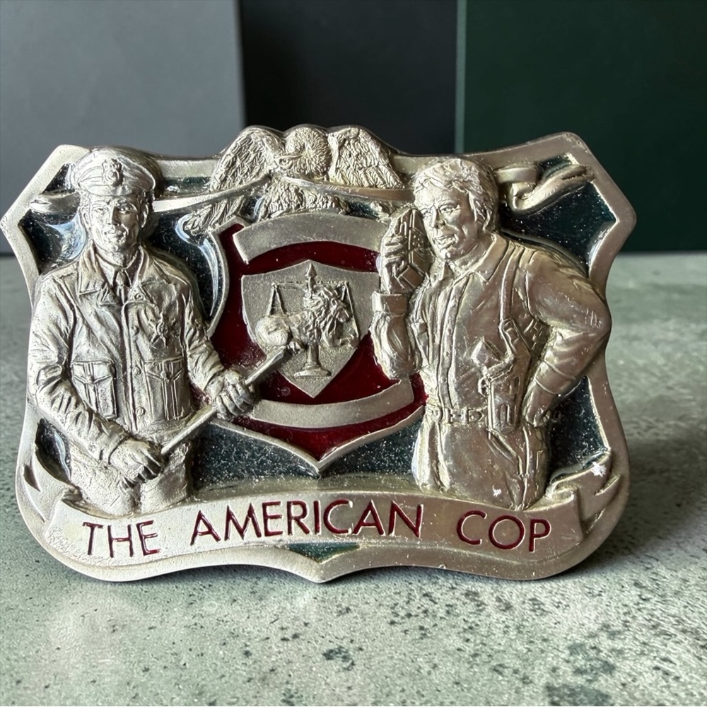 Buckles of America The American Cop Belt Buckle Silver Red Enamel Vintage